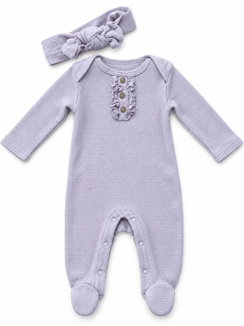 Rabbit Moon Organics -Lilac Long-Sleeve Waffle Knit Baby One-Piece with Headband